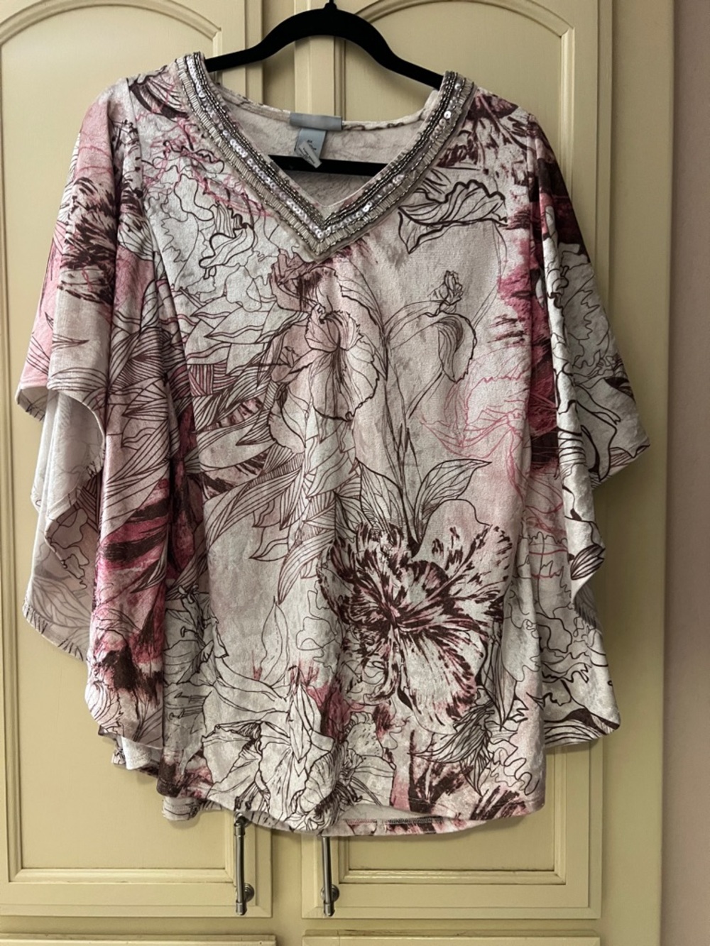 Catherines 0X velvety Floral Embellished V-Neck soft Tunic - Pink, Cream, Brown
